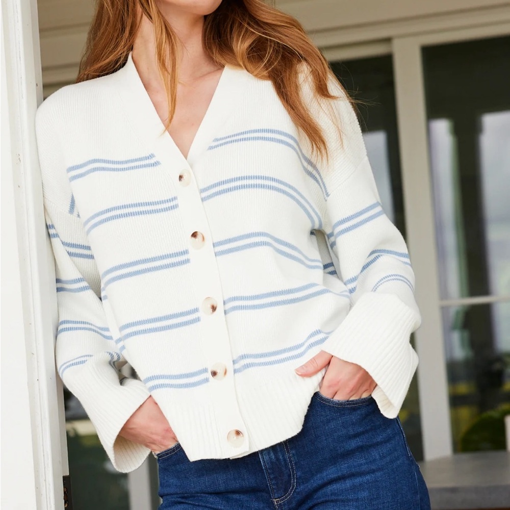 Nora Cotton Cardigan in Ivory Dusty Blue Stripe